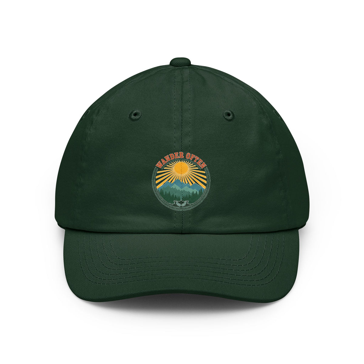Retro wanderlust badge design on a Wander Wild Co vintage dad cap
