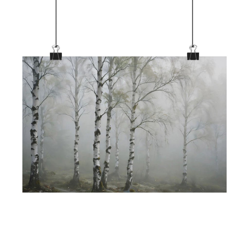Birch Grove in Fog Art Print — Foggy Birch Trees Poster