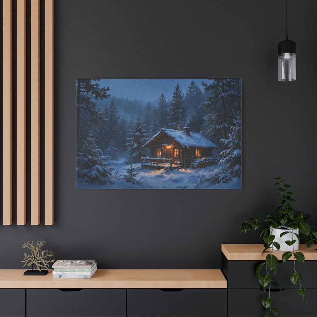 Cabin in the Pines Canvas Print — Snowy Cabin Winter Landscape Wall Art