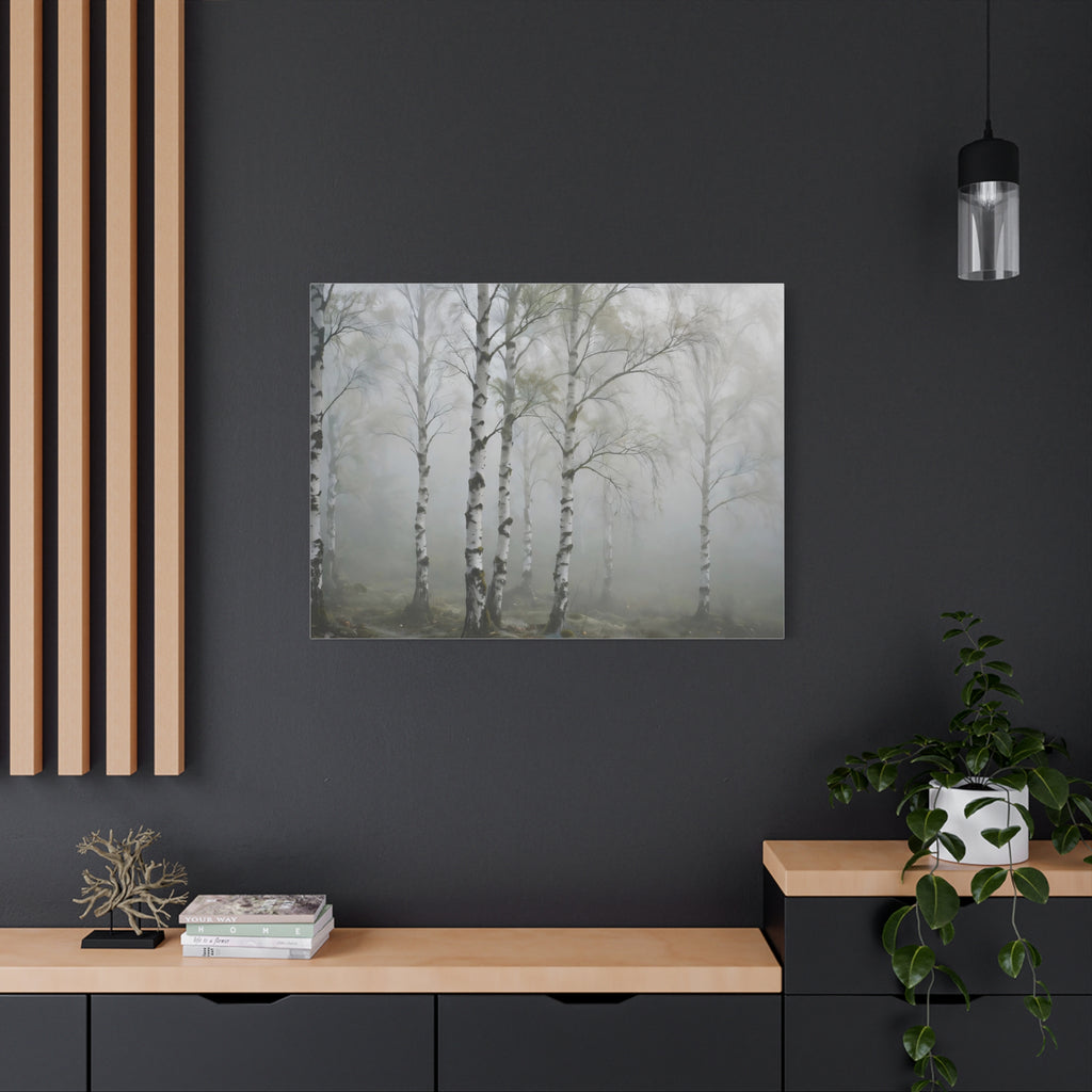 Birch Grove in Fog Canvas Print — Misty Birch Forest Wall Art