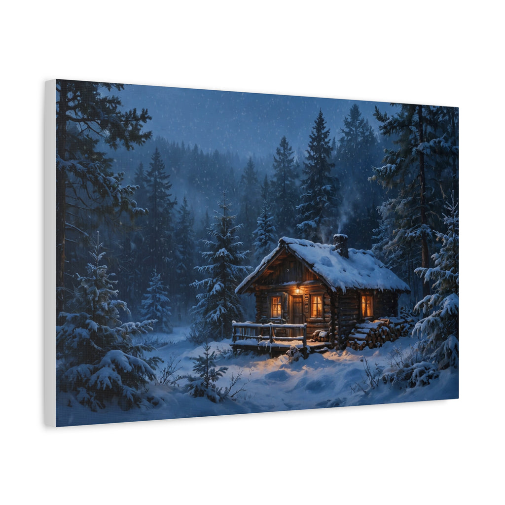 Cabin in the Pines Canvas Print — Snowy Cabin Winter Landscape Wall Art