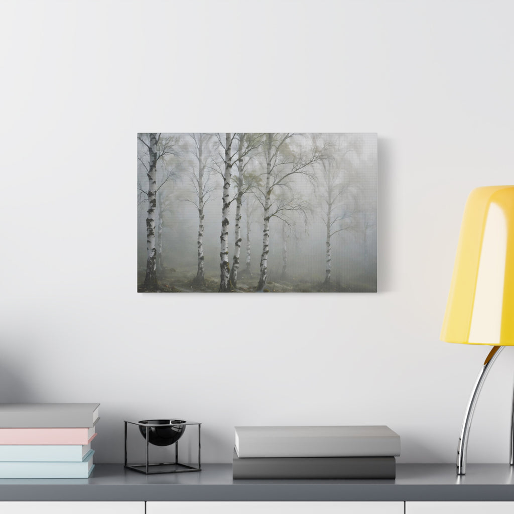 Birch Grove in Fog Canvas Print — Misty Birch Forest Wall Art