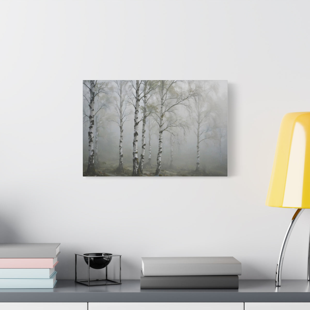 Birch Grove in Fog Canvas Print — Misty Birch Forest Wall Art