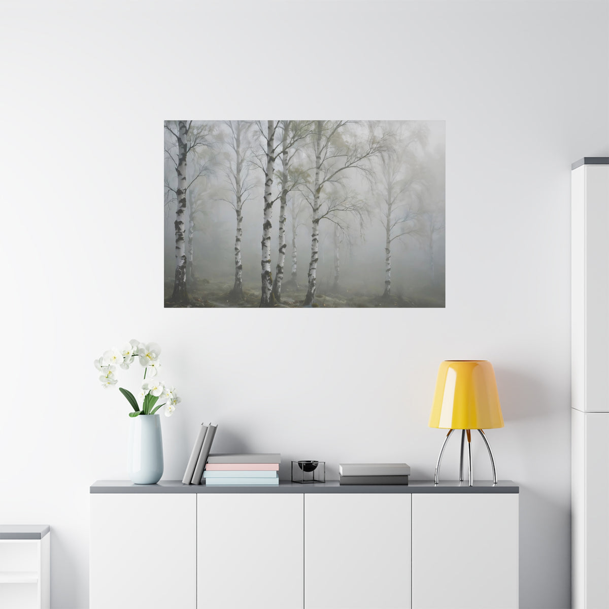 Birch Grove in Fog Canvas Print — Misty Birch Forest Wall Art