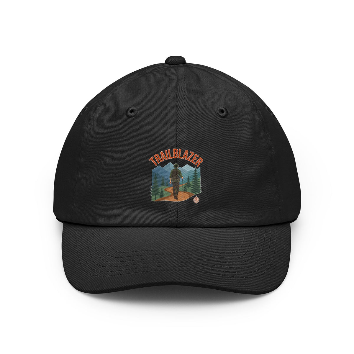 Retro mountain trail badge design on a Wander Wild Co vintage dad cap