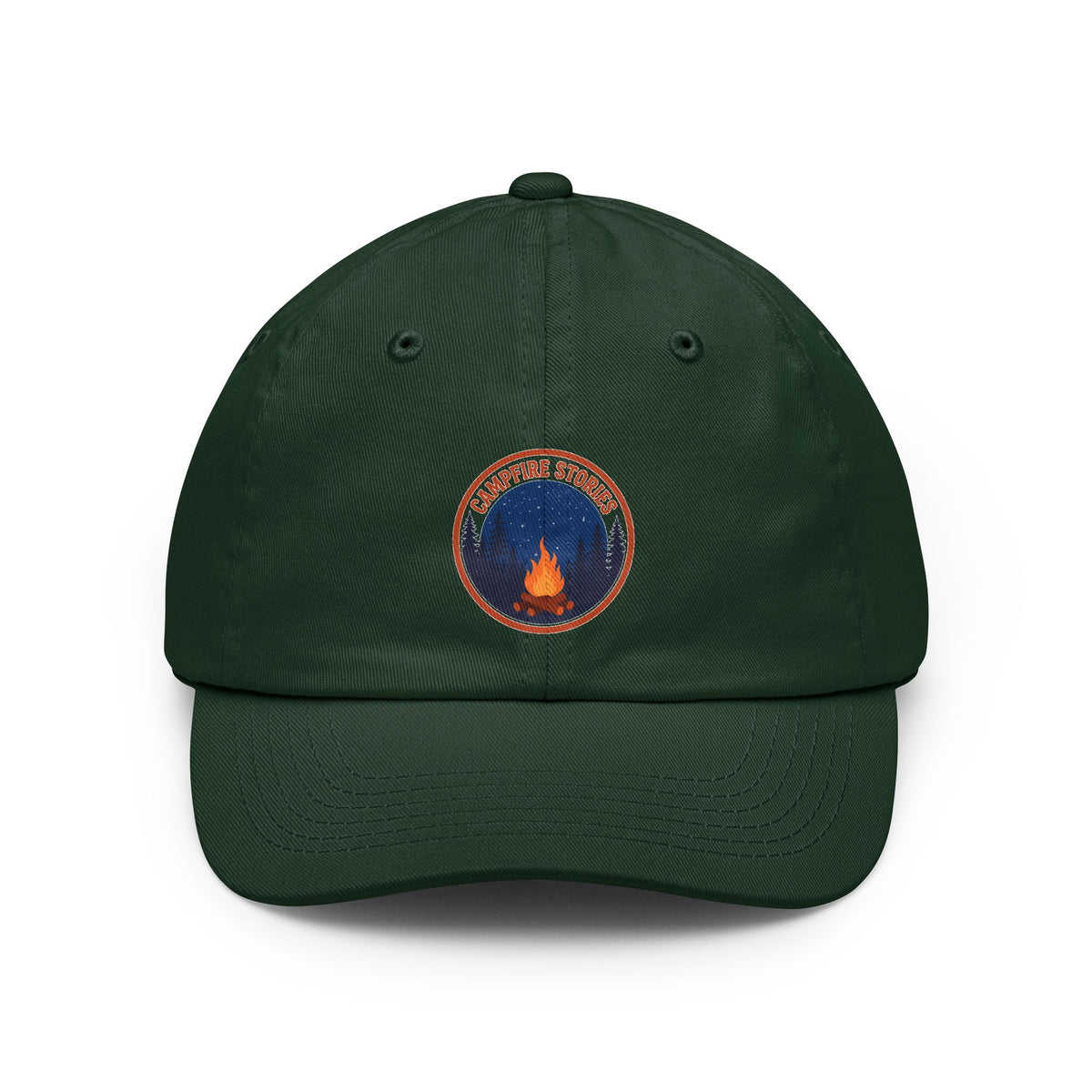 Vintage campfire scene design on a Wander Wild Co dad cap