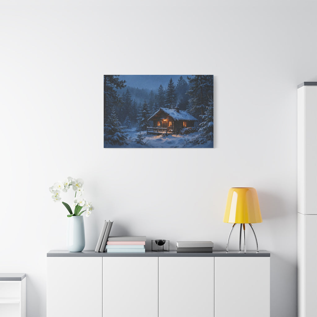 Cabin in the Pines Canvas Print — Snowy Cabin Winter Landscape Wall Art