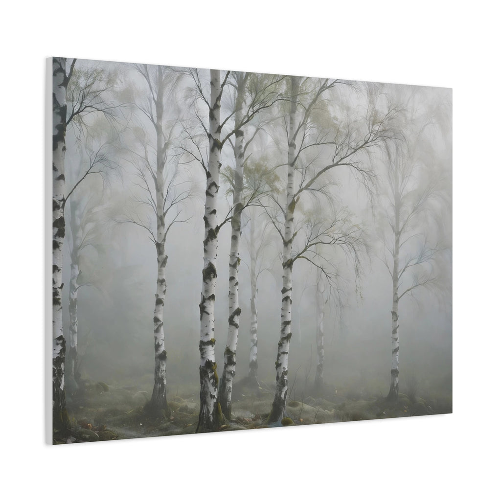 Birch Grove in Fog Canvas Print — Misty Birch Forest Wall Art