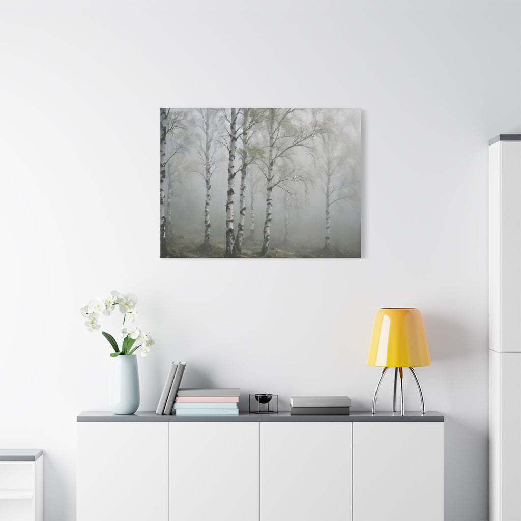 Birch Grove in Fog Canvas Print — Misty Birch Forest Wall Art