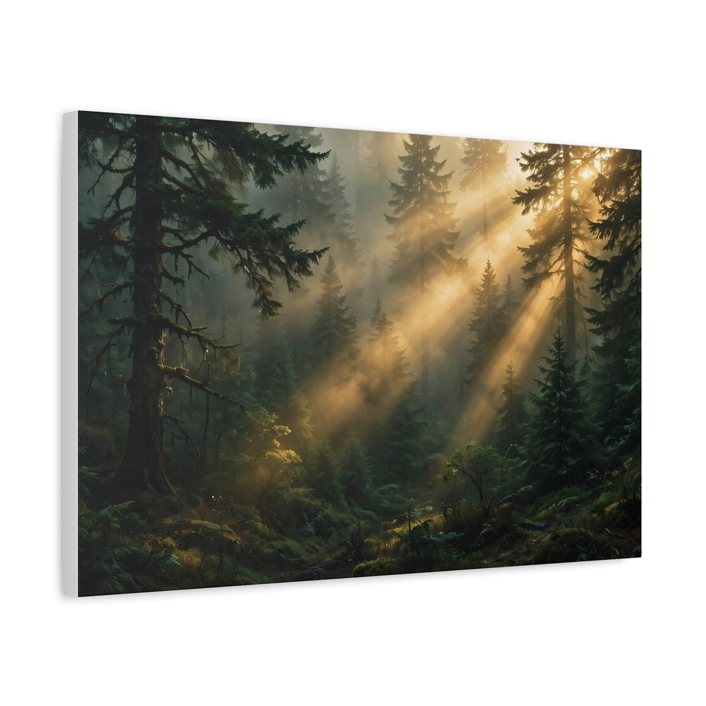 Sunbeams Through Pines Canvas Print — Sunlit Forest Landscape Wall Art