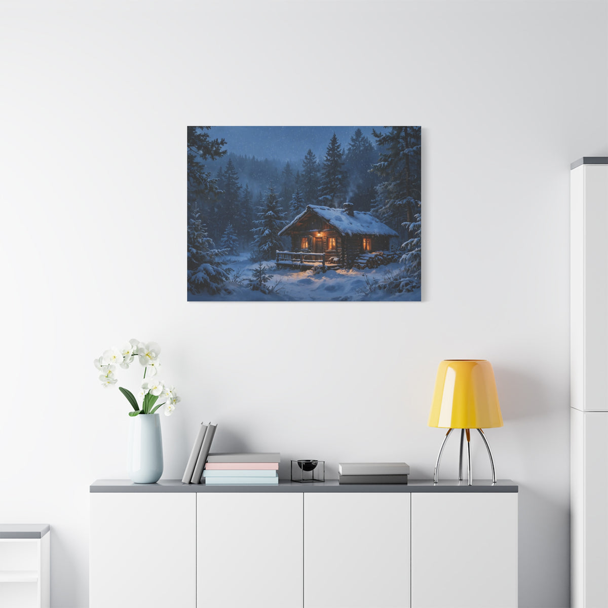 Cabin in the Pines Canvas Print — Snowy Cabin Winter Landscape Wall Art