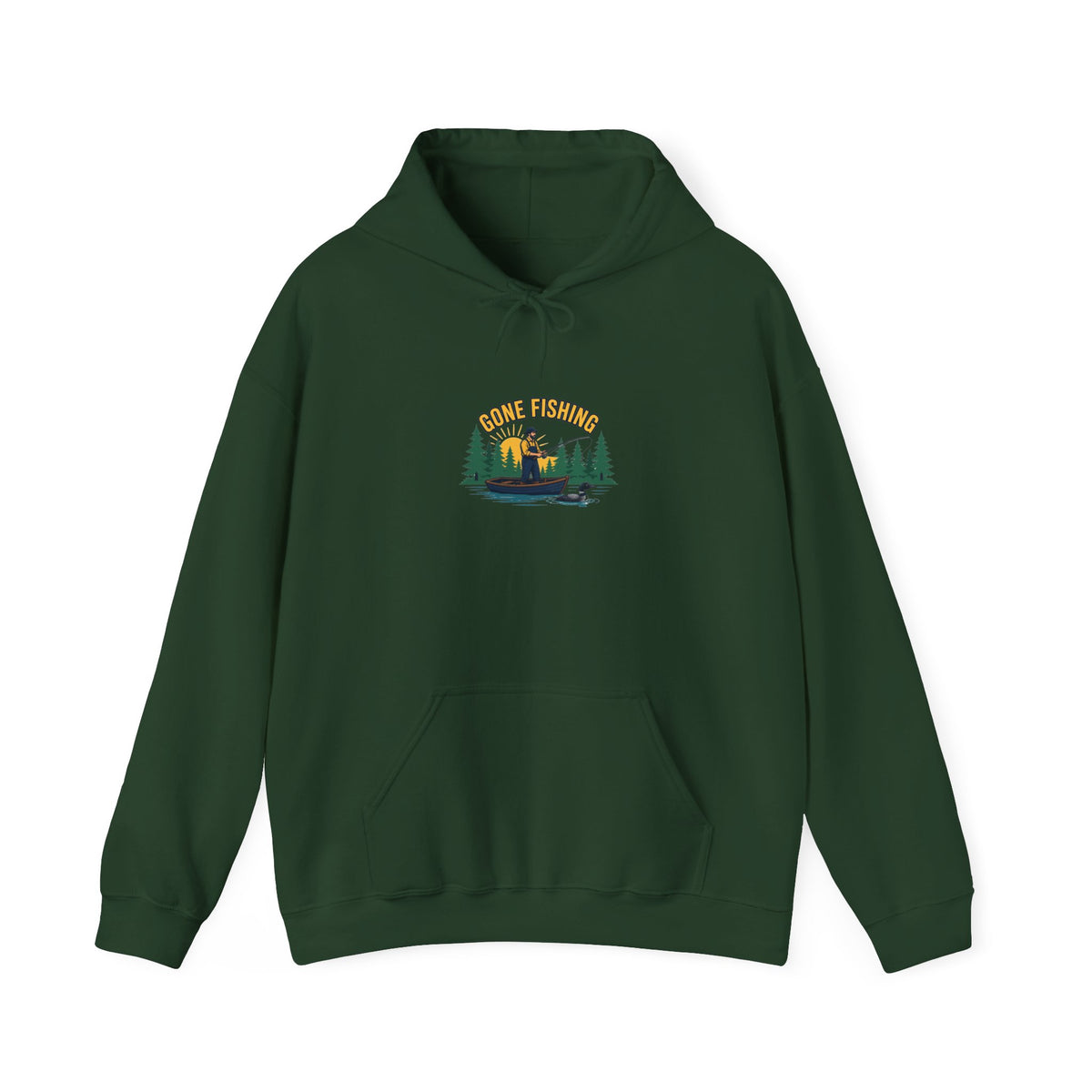 Retro gone fishing badge graphic on a Wander Wild Co vintage pullover hoodie