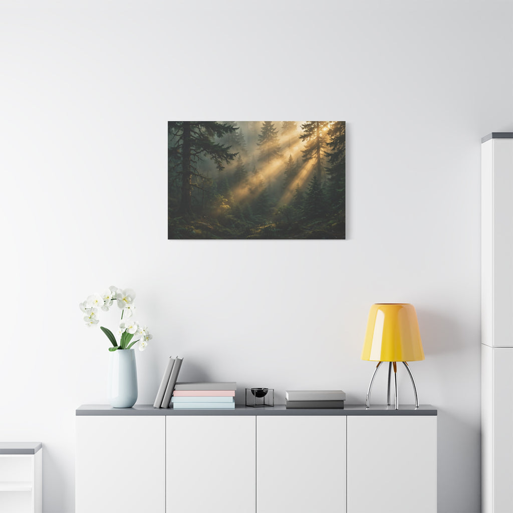 Sunbeams Through Pines Canvas Print — Sunlit Forest Landscape Wall Art