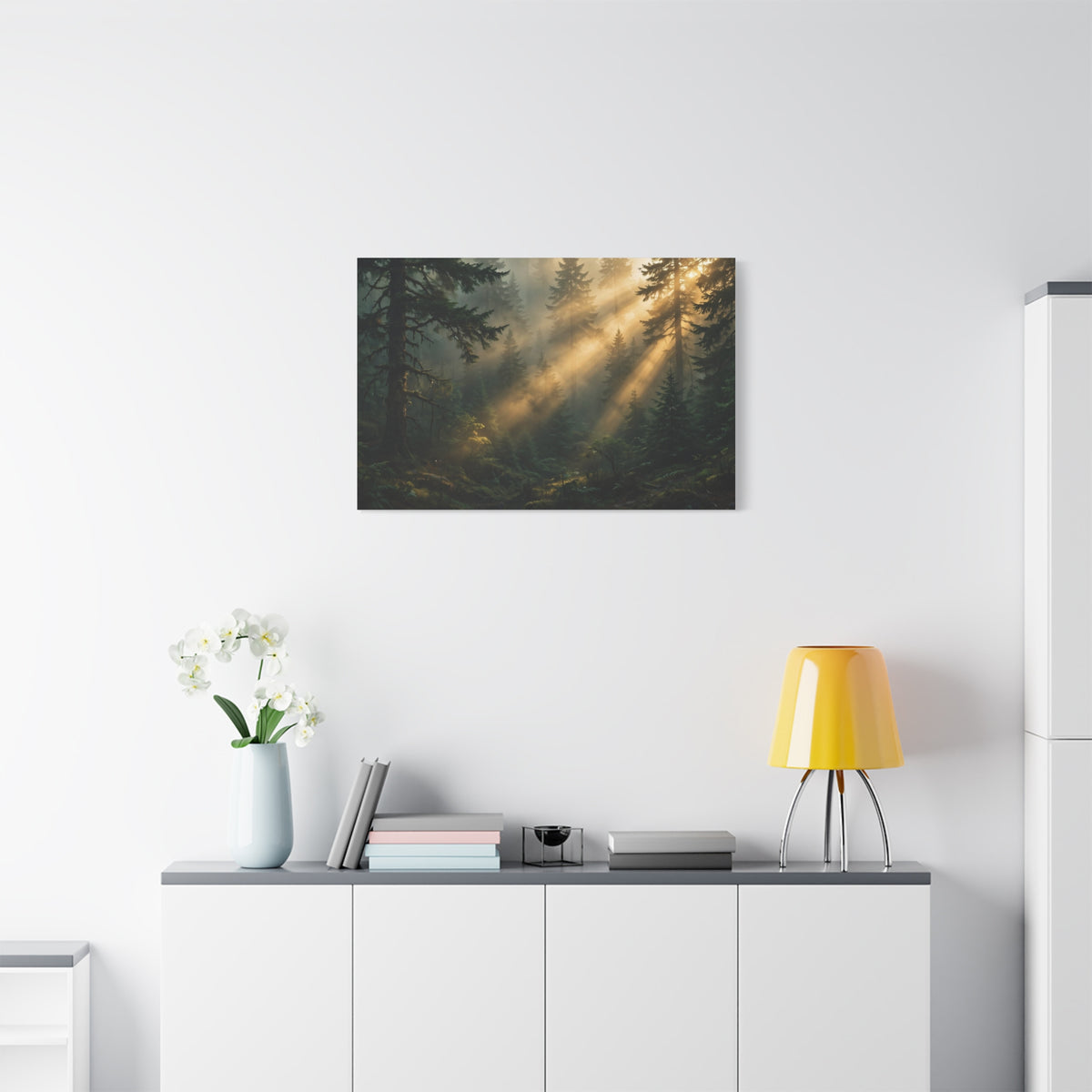 Sunbeams Through Pines Canvas Print — Sunlit Forest Landscape Wall Art