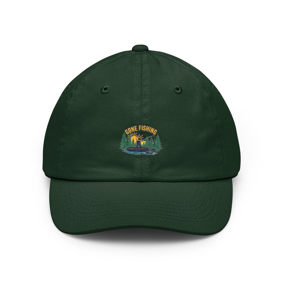Retro gone fishing badge design on a Wander Wild Co vintage dad cap