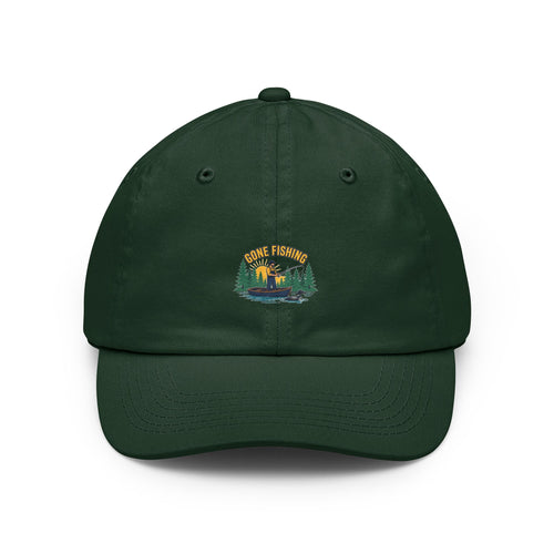 Retro gone fishing badge design on a Wander Wild Co vintage dad cap
