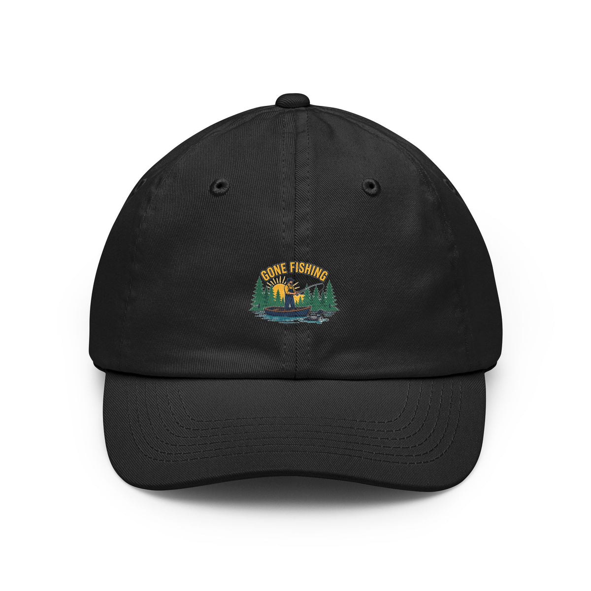 Retro gone fishing badge design on a Wander Wild Co vintage dad cap