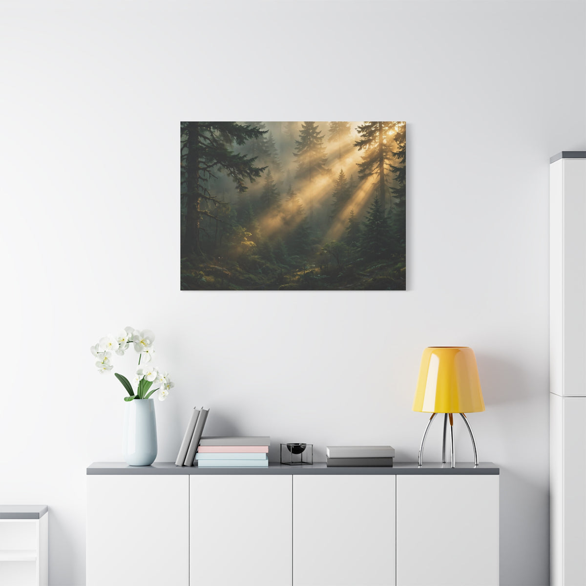 Sunbeams Through Pines Canvas Print — Sunlit Forest Landscape Wall Art