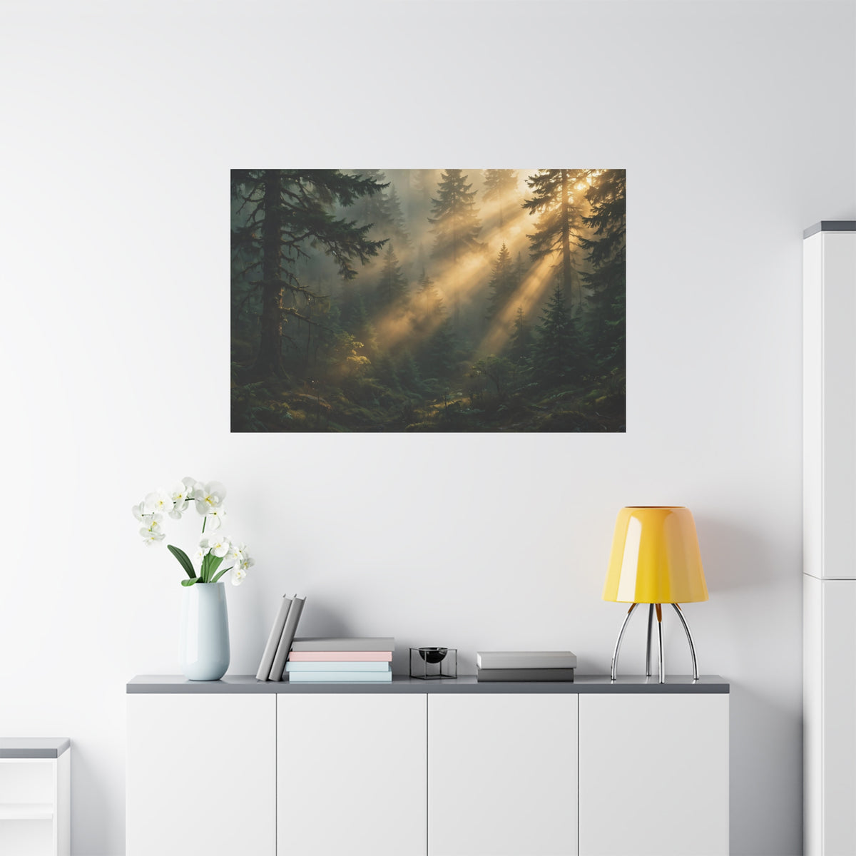 Sunbeams Through Pines Canvas Print — Sunlit Forest Landscape Wall Art