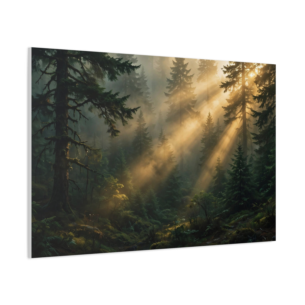 Sunbeams Through Pines Canvas Print — Sunlit Forest Landscape Wall Art
