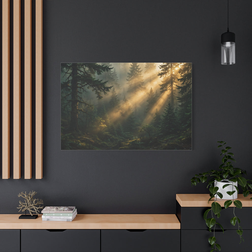 Sunbeams Through Pines Canvas Print — Sunlit Forest Landscape Wall Art