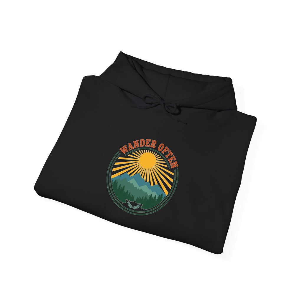 Retro wanderlust badge graphic on a Wander Wild Co vintage pullover hoodie