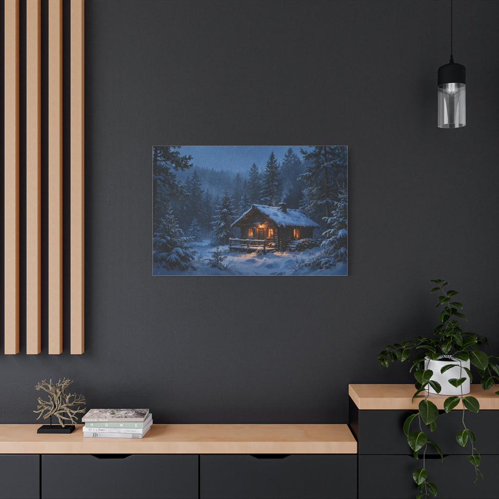 Cabin in the Pines Canvas Print — Snowy Cabin Winter Landscape Wall Art