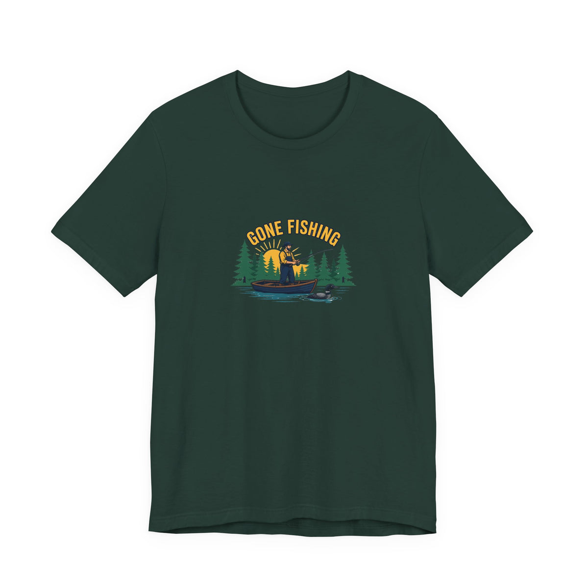 Retro gone fishing badge graphic on a Wander Wild Co vintage classic tee