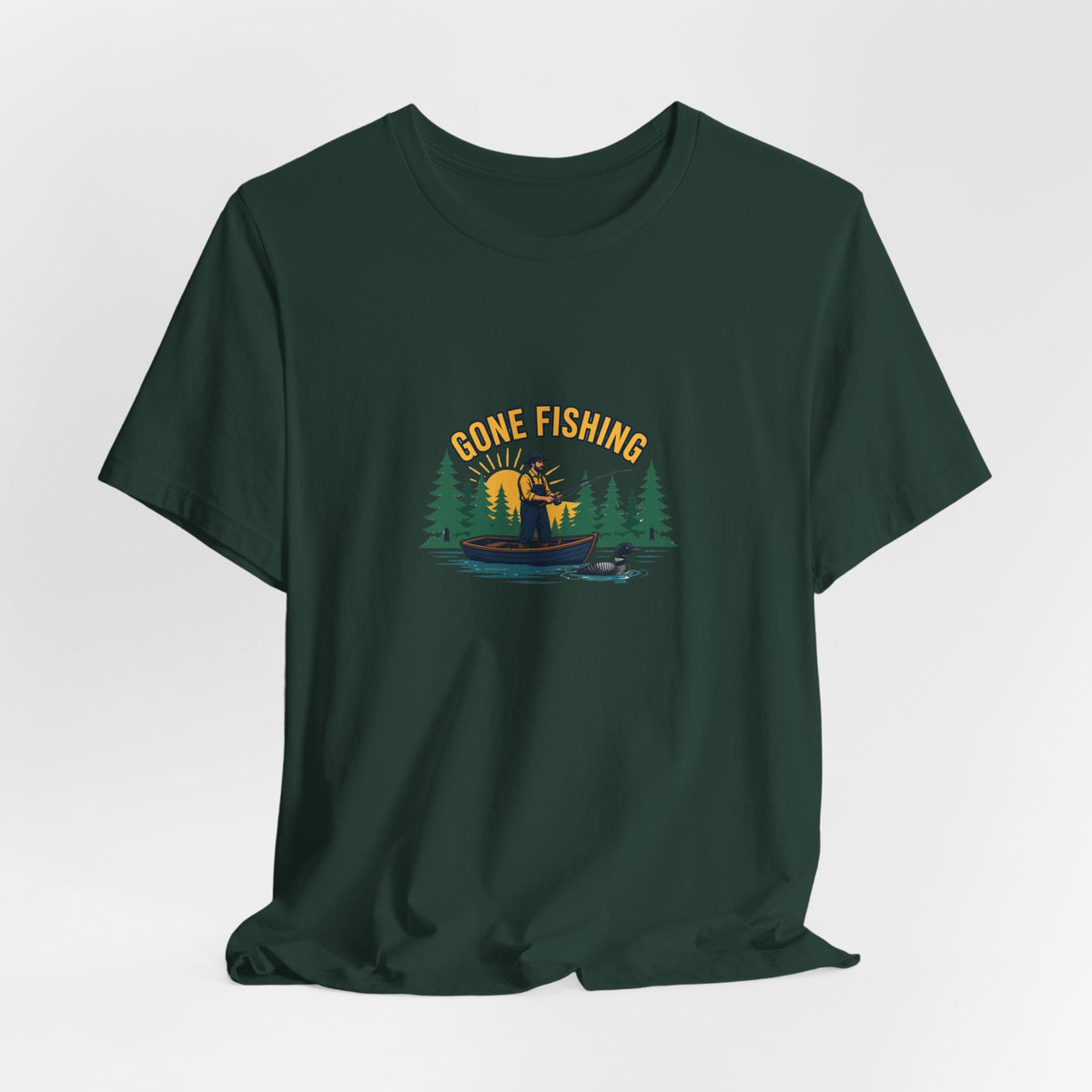Retro gone fishing badge graphic on a Wander Wild Co vintage classic tee