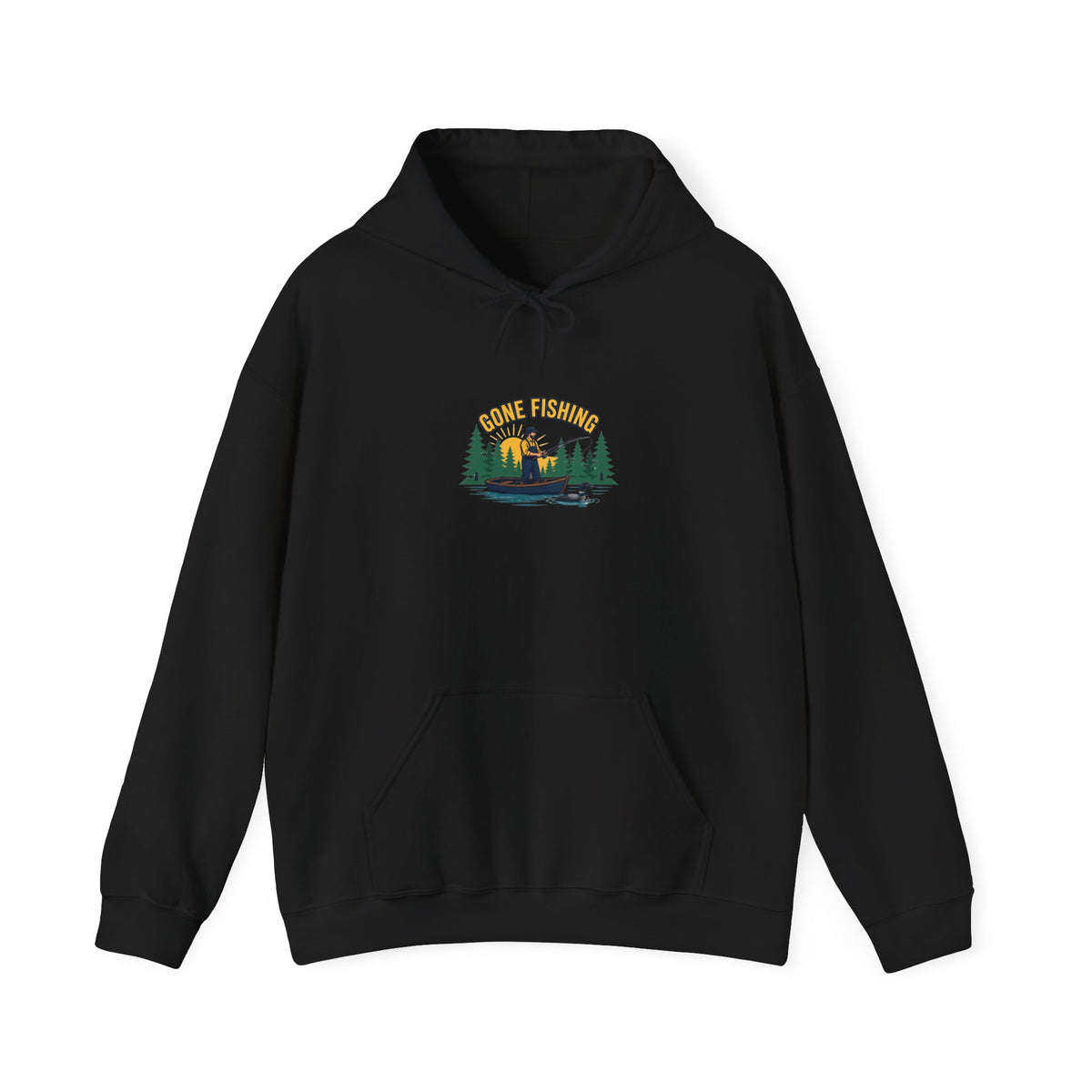 Retro gone fishing badge graphic on a Wander Wild Co vintage pullover hoodie