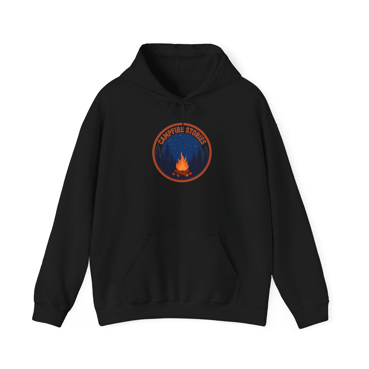Vintage campfire scene graphic on a Wander Wild Co pullover hoodie