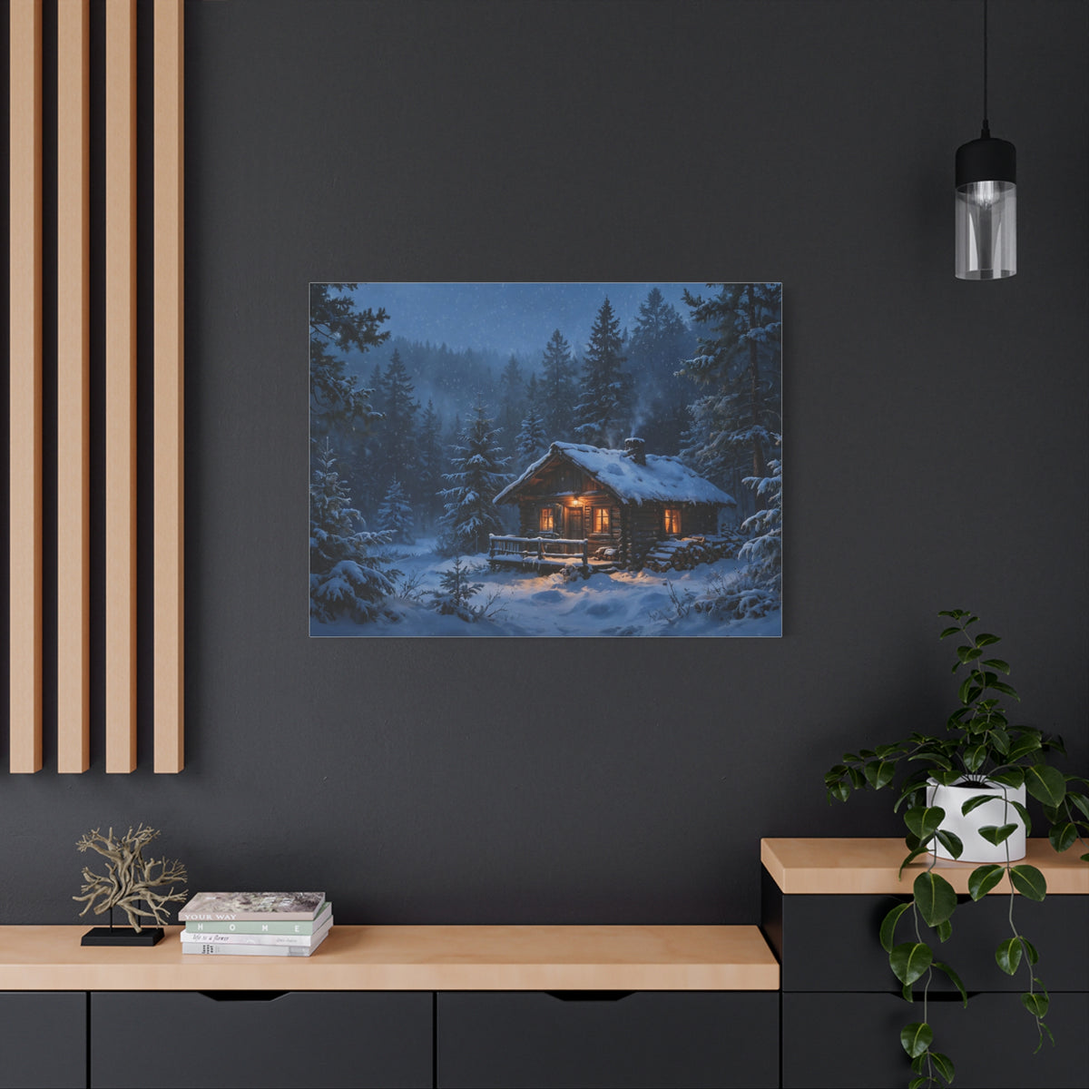 Cabin in the Pines Canvas Print — Snowy Cabin Winter Landscape Wall Art