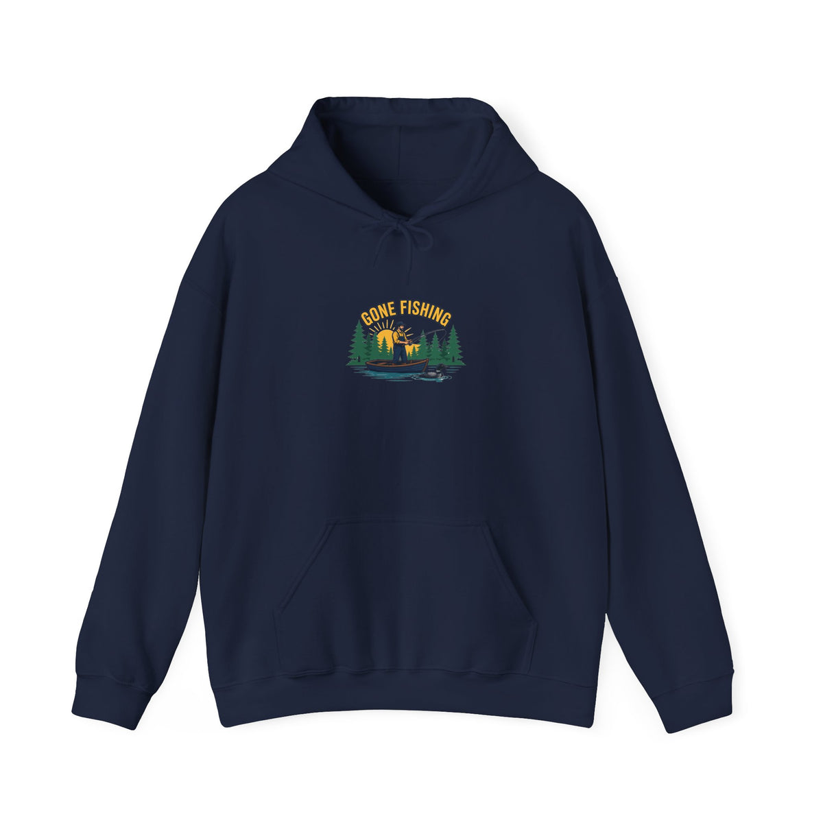 Retro gone fishing badge graphic on a Wander Wild Co vintage pullover hoodie