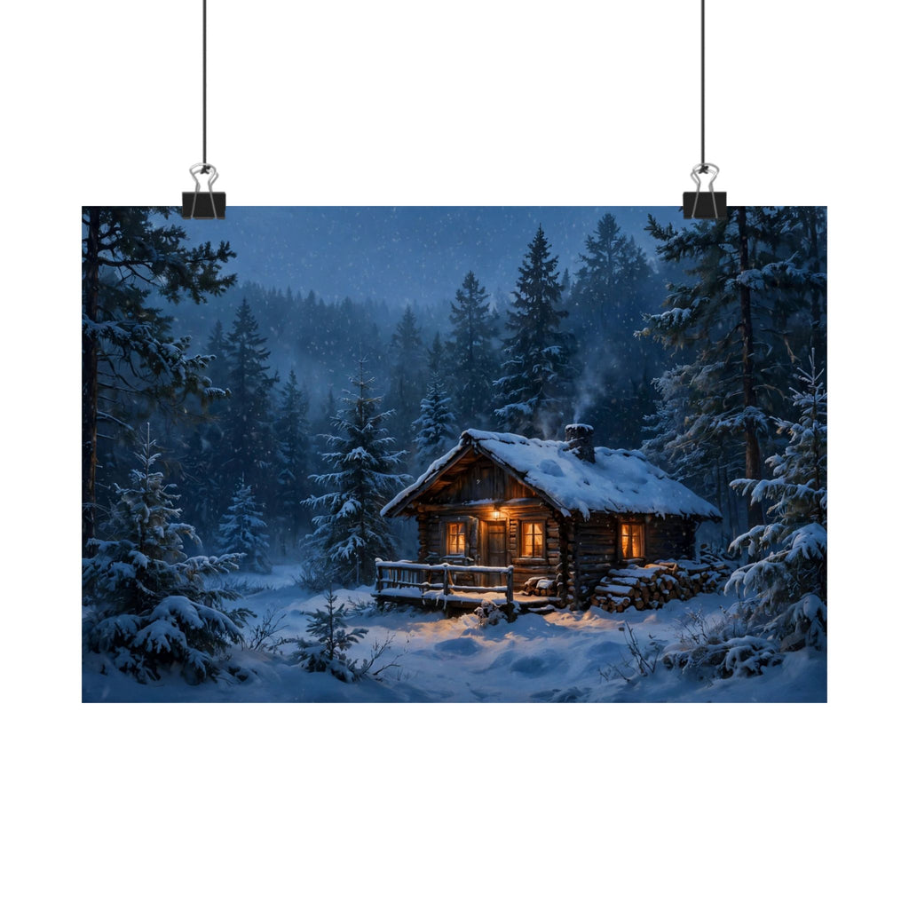 Cabin in the Pines Art Print — Cozy Snowy Cabin Poster