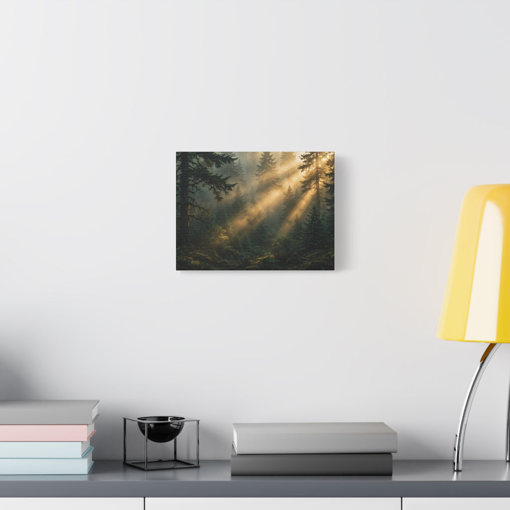 Sunbeams Through Pines Canvas Print — Sunlit Forest Landscape Wall Art