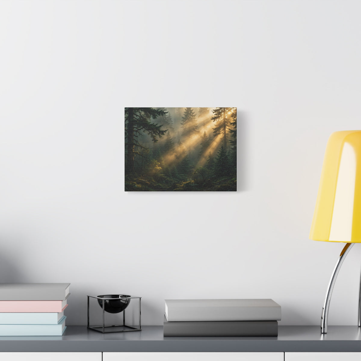 Sunbeams Through Pines Canvas Print — Sunlit Forest Landscape Wall Art