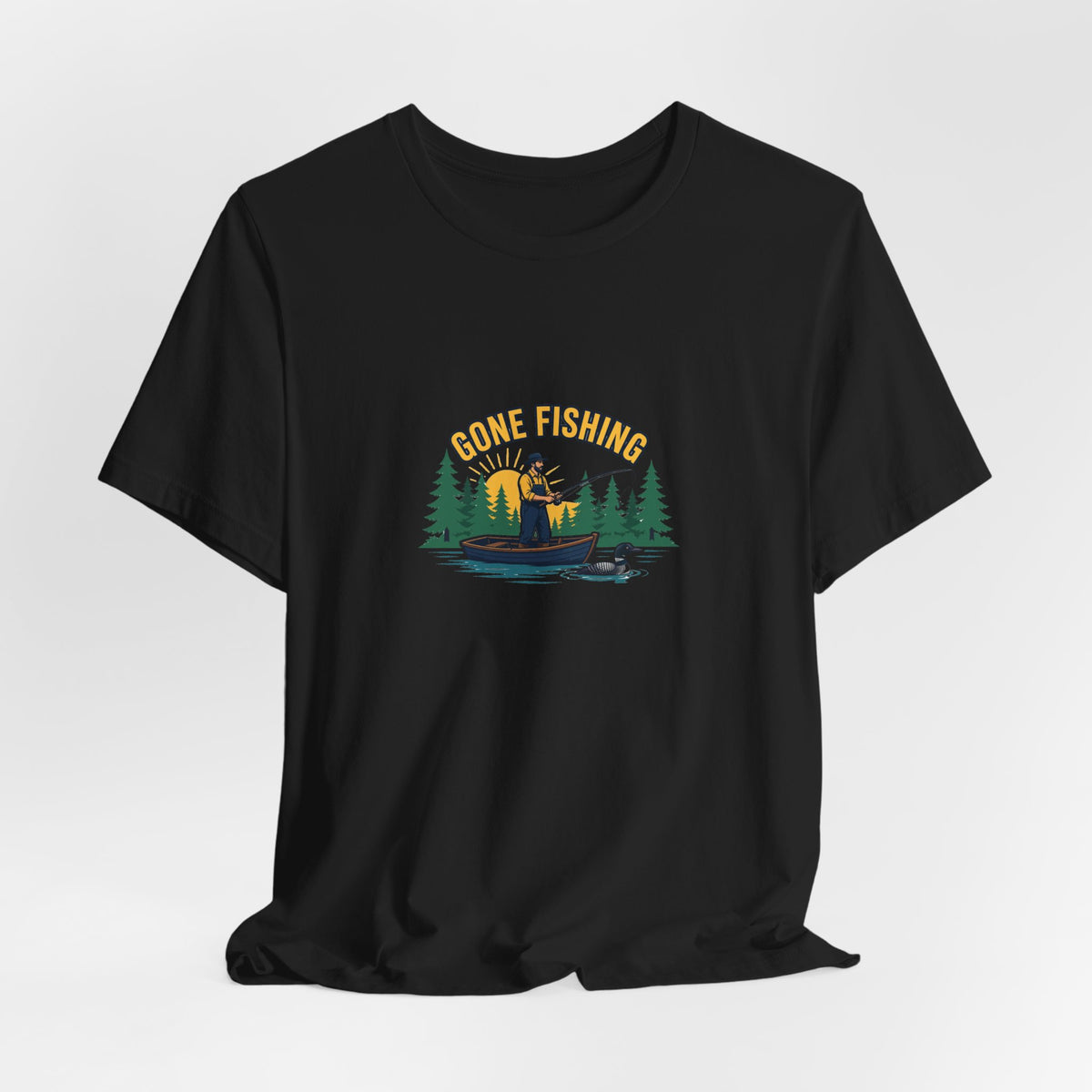 Retro gone fishing badge graphic on a Wander Wild Co vintage classic tee