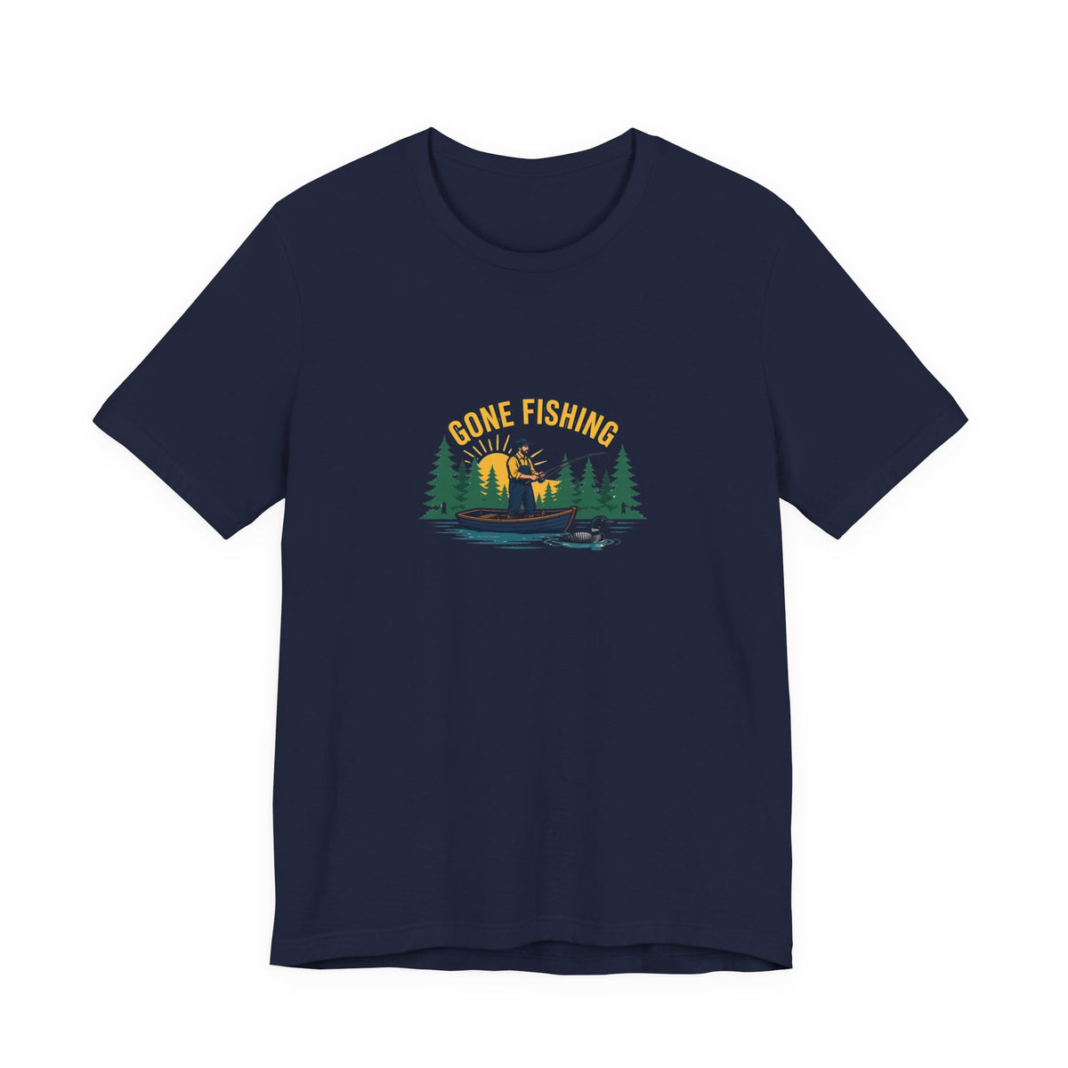 Retro gone fishing badge graphic on a Wander Wild Co vintage classic tee