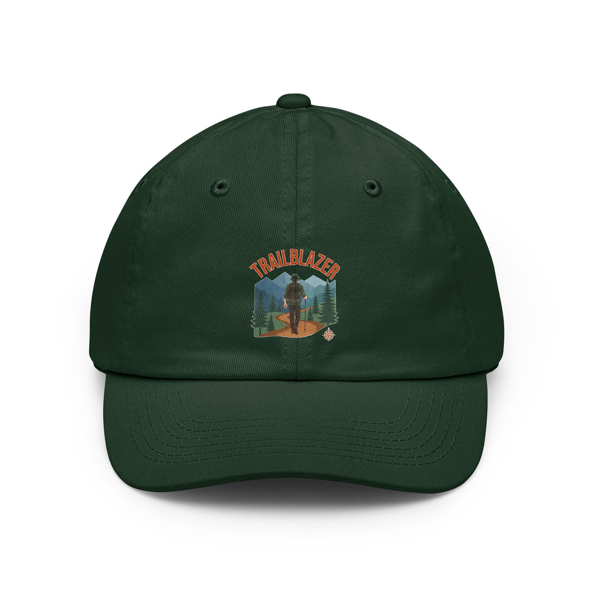 Retro mountain trail badge design on a Wander Wild Co vintage dad cap