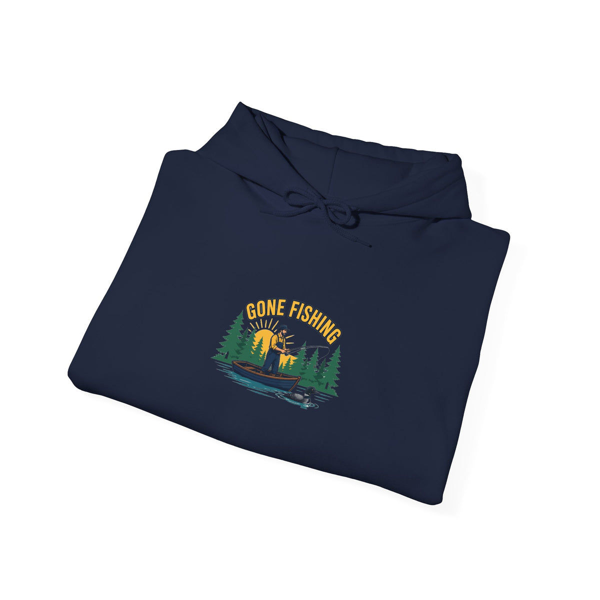 Retro gone fishing badge graphic on a Wander Wild Co vintage pullover hoodie