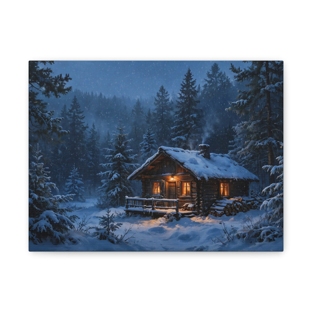 Cabin in the Pines Canvas Print — Snowy Cabin Winter Landscape Wall Art