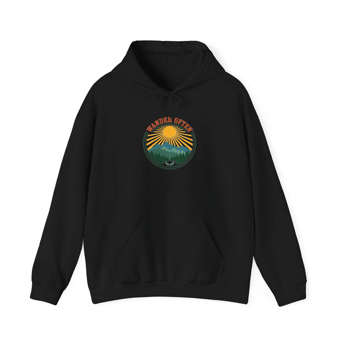 Retro wanderlust badge graphic on a Wander Wild Co vintage pullover hoodie