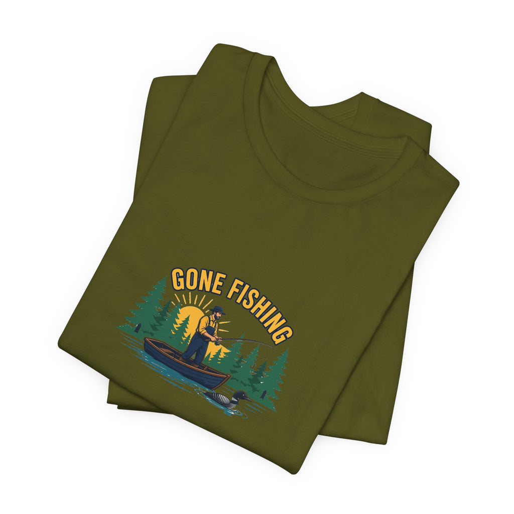 Retro gone fishing badge graphic on a Wander Wild Co vintage classic tee