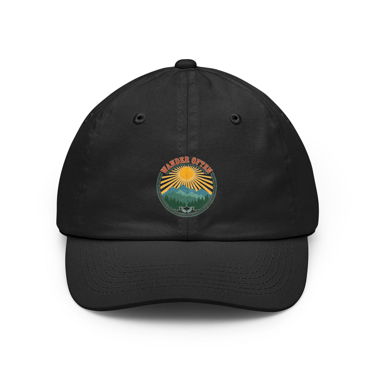 Retro wanderlust badge design on a Wander Wild Co vintage dad cap
