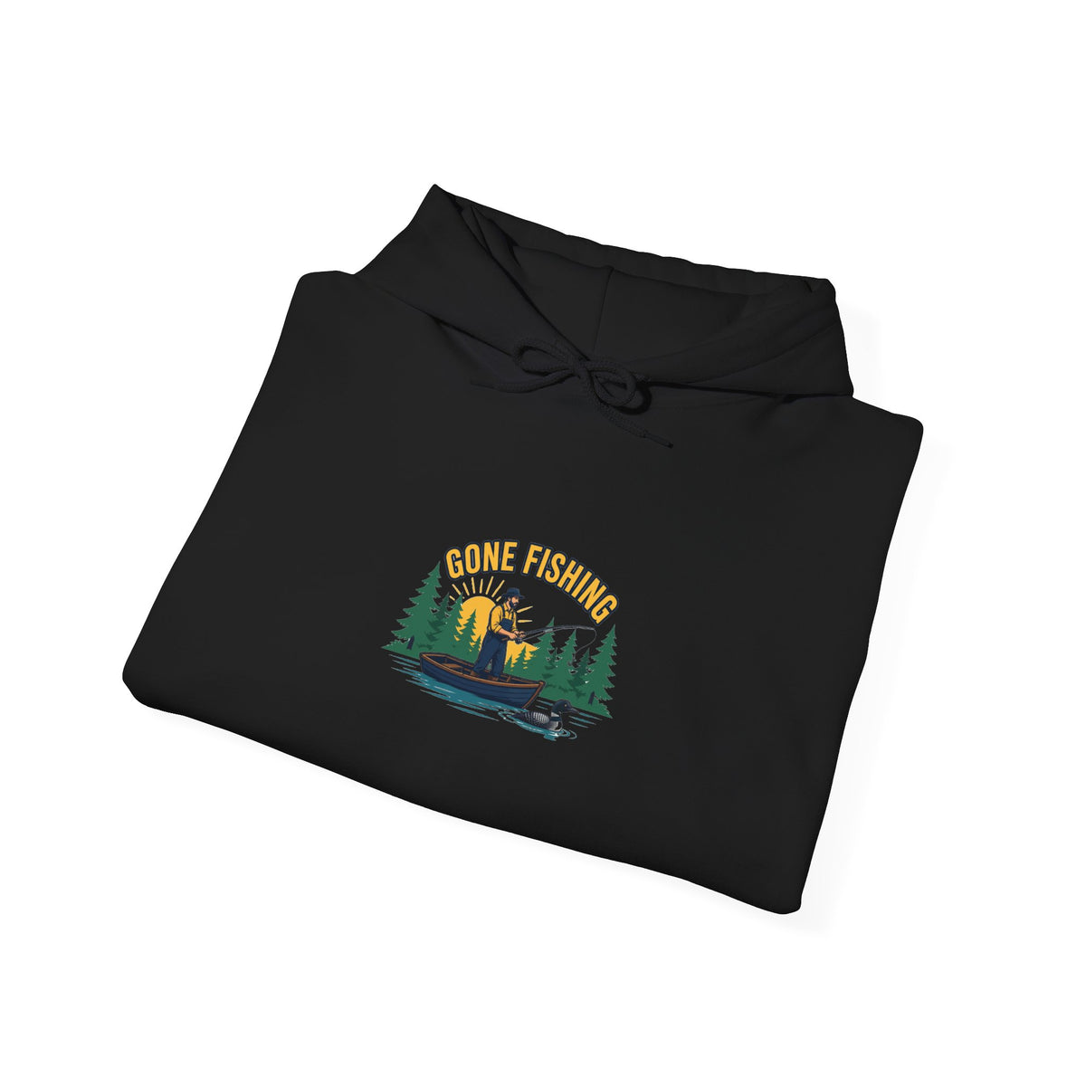 Retro gone fishing badge graphic on a Wander Wild Co vintage pullover hoodie