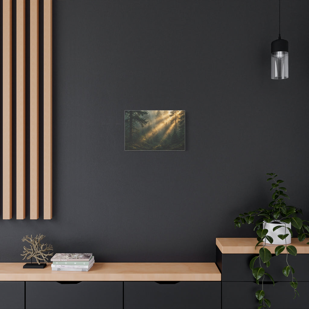 Sunbeams Through Pines Canvas Print — Sunlit Forest Landscape Wall Art