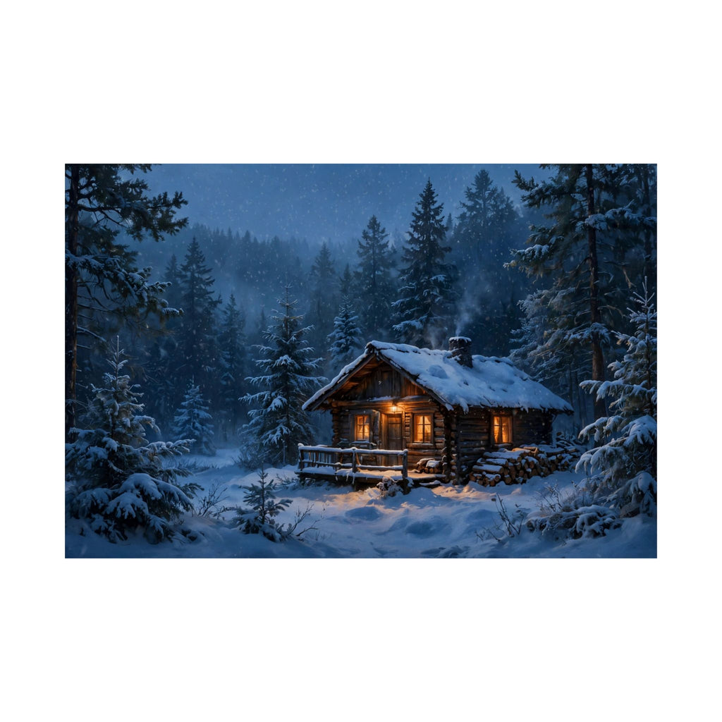 Cabin in the Pines Art Print — Cozy Snowy Cabin Poster