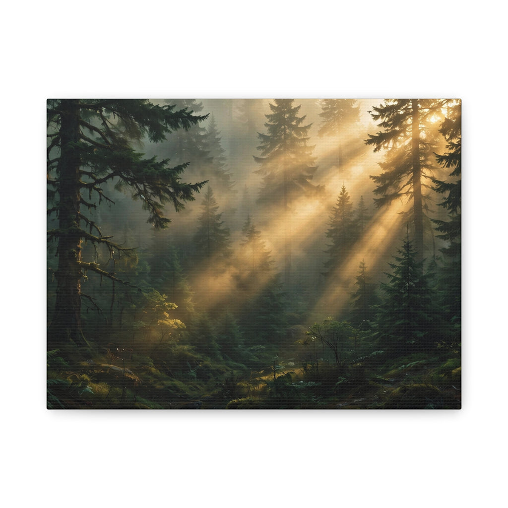 Sunbeams Through Pines Canvas Print — Sunlit Forest Landscape Wall Art