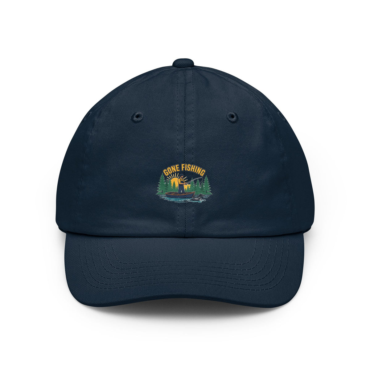 Retro gone fishing badge design on a Wander Wild Co vintage dad cap