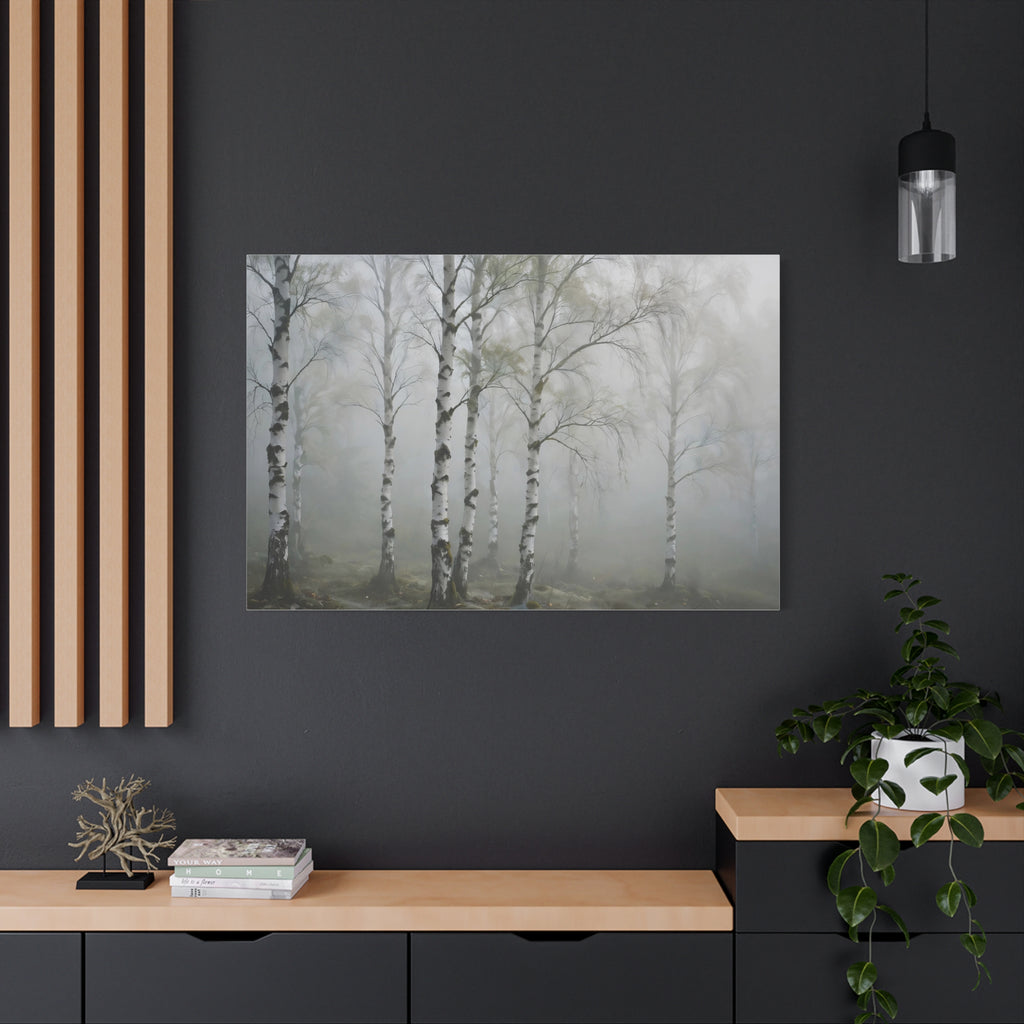 Birch Grove in Fog Canvas Print — Misty Birch Forest Wall Art